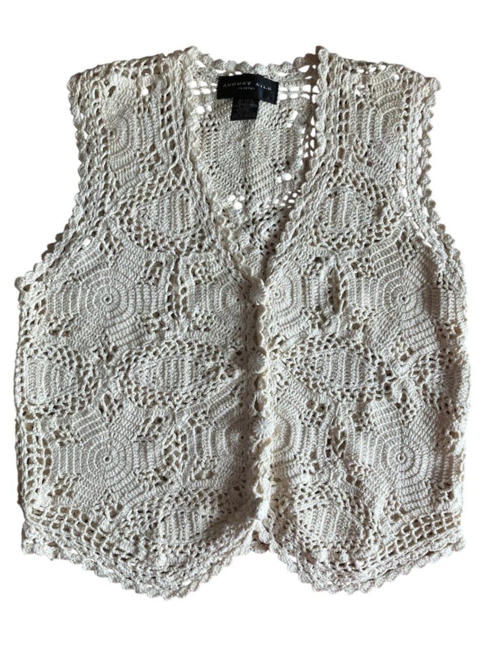 Vintage Women's August Silk Petites Boho Cottagecore Cream Knitted Doily Vest